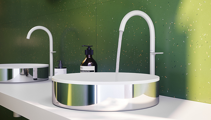 This elegant swan-neck style surface-mounted mixer tap is from The AXOR Hansgrohe One collection in Matt White is just one colour option in their custom surface finishes. It’s the ideal standout tap for a minimalist bathroom for customers looking to add an architectural-style feature