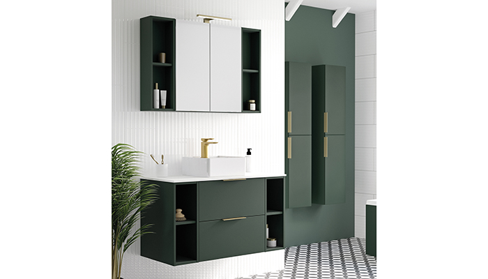 Qube Edge wall mounted furniture in Wild Green with Brushed Brass from Utopia