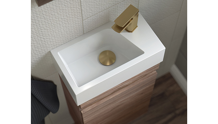 Qube Glide wall mounted cloakroom washbasin unit in Sorrento Walnut with Brushed Brass from Utopia