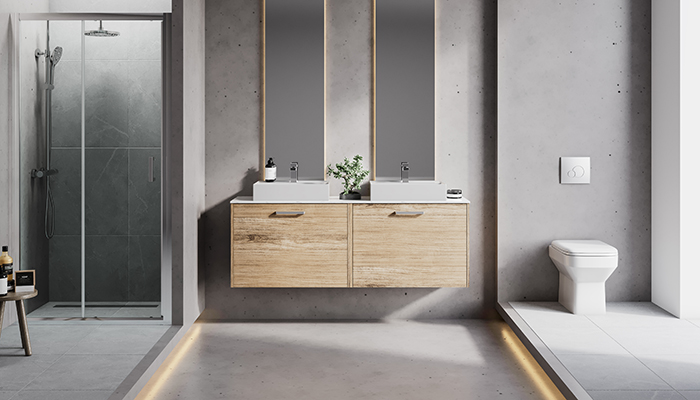 From the Design Series, Zara WC and Oak wall hung furniture with Layla basin, Paxon tap and slimline shower