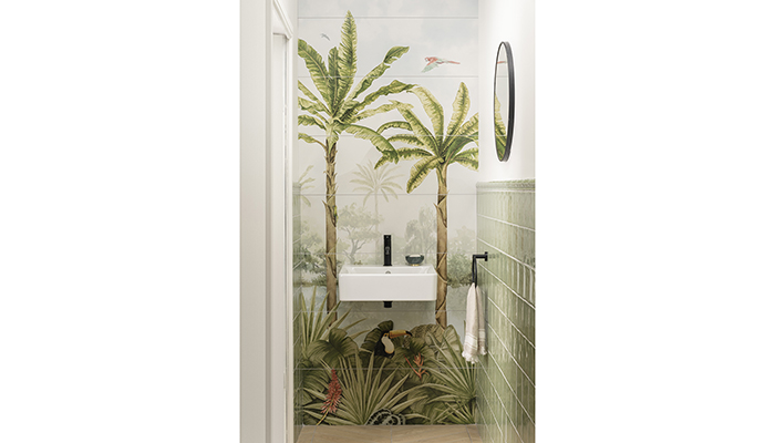 Tropical Oasis mural at Hyperion Tiles comprising three eight-tile panels