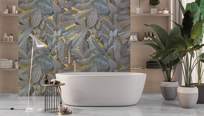 Brand new from Spanish tile manufacturer Keraben are Idyllic Decor Cold tiles featuring an eye-catching design with lush vegetation against a shining gold background