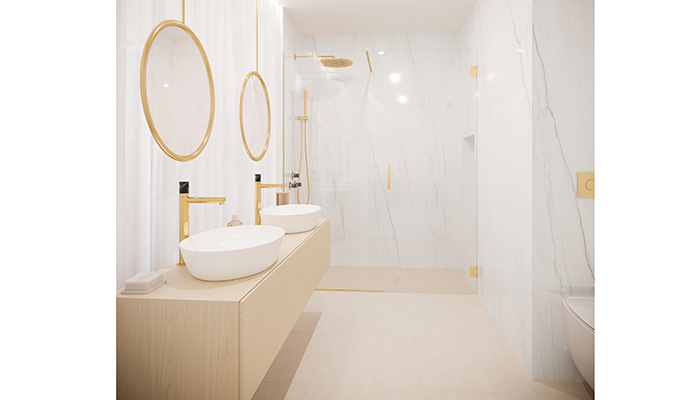 CRL Stone’s range of marble-inspired styles include Ceralsio Montblanc White ceramic surface, which is non-porous, and scratch and stain resistant, so ideal to use in this large-scale bathroom