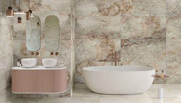 Ceramique Internationale’s Nagoya tiles have an exotic marble finish, created from a blend of quartzite and Fior di Bosco marble. Each one of these 600mm x 1200mm tiles is unique, creating a mood of opulence and space, and will make a big statement even in smaller bathrooms 