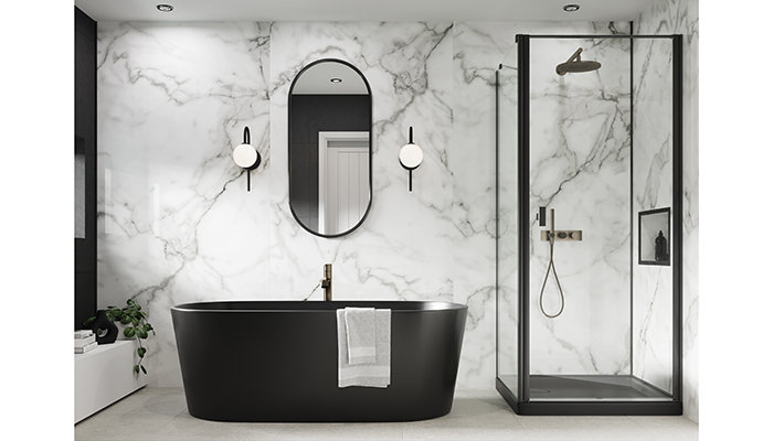 There are eight Showerwall marble decors available, which beautifully replicate the luxurious feel of marble with a delicate vein detailing. The Prolick 2440 x 579 panel is used here to great effect to create a stylish monochrome design