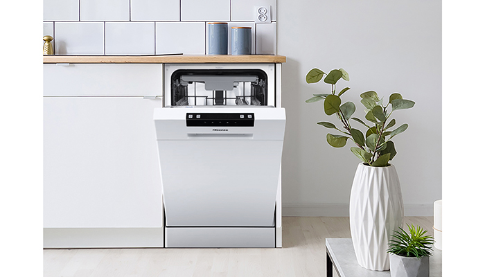 This HiSense slimline dishwasher has 10 place settings, uses 9 litres of water per cycle with Energy Rating E, and has 6 programmes including a 30-minute Quick Wash, Glass, ECO and Intensive, with half load and start delay
