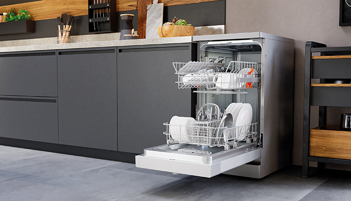 The Hotpoint freestanding 45cm Slim Dishwasher offers a flexi load from 10 place settings to 13, Energy Class E with a water consumption of 9 litres per cycle based on an ECO wash, with six programmes including Dual Wash, Silent and Sani Rinse and half load function