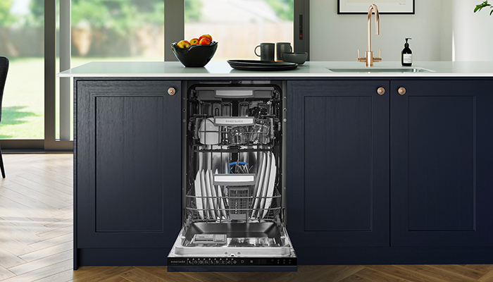 The Rangemaster Premium 45cm fully integrated dishwasher holds up to 10 place settings with 9 programmes including Smart 50°C-60°C and Mini 14 minute cycle, a Silent Wash programme and uses 9 litres of water per ECO cycle, Energy Class D for energy efficiency