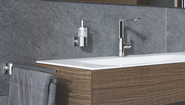 The Grohe Spa Allure basin mixer and soap dispenser is finished in chrome