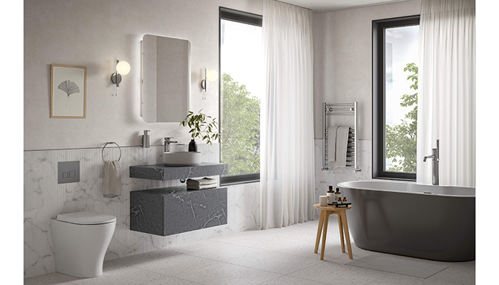 Featuring a white or grey, pictured, marble-effect finish with soft veining, the modular Natural wall-hung furniture range from PJH’s Bathrooms to Love brand provides flexible storage solutions. Drawer units are 600mm or 800mm wide and can be teamed with matching wall-hung countertop shelves