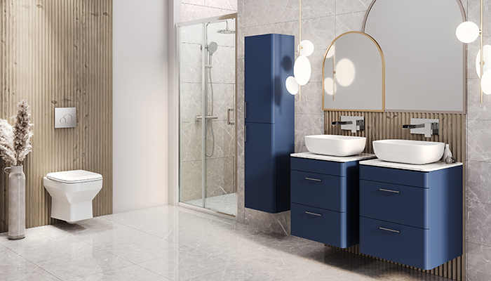 Pictured in Cobalt Blue, Lecico’s Layla range can be mixed and matched with its Zara collection. It features curved fronts and comes in floorstanding as well as wall-hung options and can be personalised with a choice of handles, worktops and basins