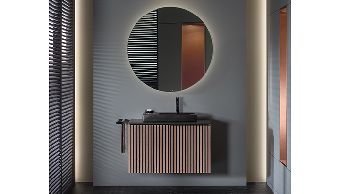Launched in response to the trend for slatted and fluted finishes, Roca’s Horizon range features a slatted front in a dark oak finish. It can be combined with a white or black basin and cast-marble countertop for a sophisticated, contemporary look 