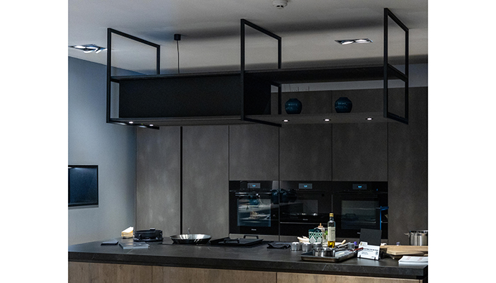 The Novy Pureline Frame Recirculation Island Hood with customisable frame is seen here in the Theatre Kitchen at Halcyon