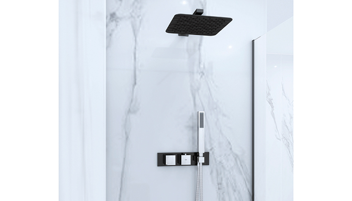 A cutting-edge slimline showerhead from RAK Ceramics with matching Matt Black shower with a tempered glass panel will add a feeling of luxury for a customer looking for a spa-style bathroom. Sleek in design, the valves can be chosen with a square or round handle and as a single or dual outlet