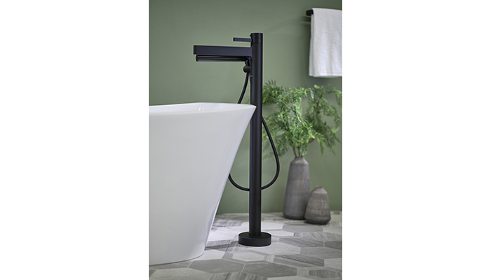The Riobel Paradox freestanding bath shower mixer with tap and hand shower in Matt Black creates a stylish centrepiece in this bathroom made from high quality brass with a black finish, standing 799mm in height with a 344mm tap projection