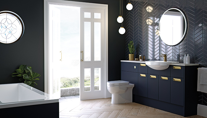 Featuring an integrated, recessed pull handle, the slab Arabella door comes in 23 colours, including Azure Blue, pictured