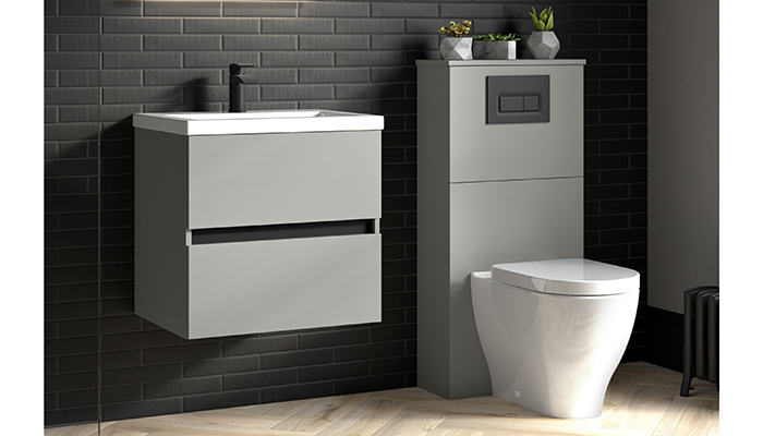 Utopia’s Qube Glide wall-mounted furniture in matt grey with matt black flush plate