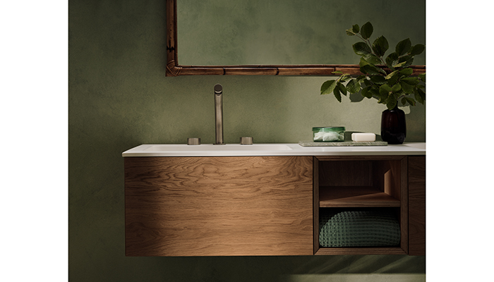 Ellery Rustic Oak vanity unit with Anara engineered stone countertop and Ixora stainless steel mixer