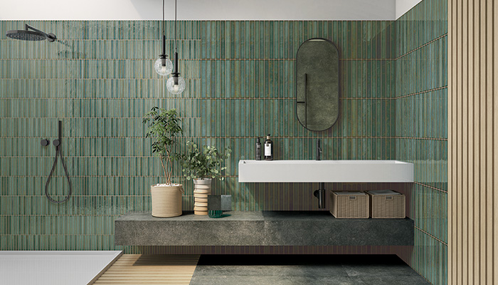 Platera: Raku is a wall tile with a striking fine strip effect in 2 formats and 4 colours, including the vivid and energising Emerald shown here
