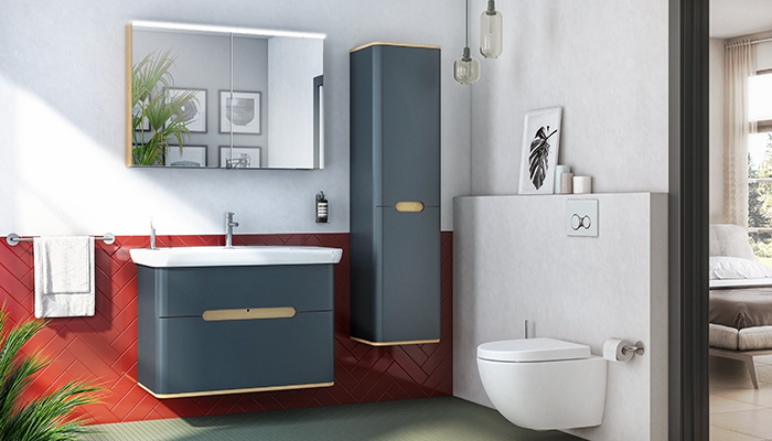 This matching integrated vanity unit and tall cabinet add a pop of colour in this white bathroom. The Sento range from VitrA will bring a  Scandinavian feel into the bathroom and is available in Matt Anthracite, Matt Fjord Green, Matt Light Grey and Matt White