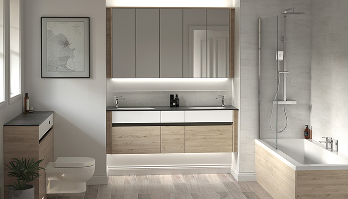 This range of floor-to-ceiling fitted wall and mirror cabinets from Utopia provides exceptional storage capacity. Ceiling filler means that ceiling heights between 2.2m and 2.4m can be accommodated. The standard option includes a base cupboard with an internal shelf; upgrade to a deep storage drawer with a concealed second accessory drawer to maximise storage space