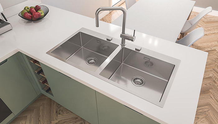 This double-sink configuration from Grohe features ‘Whisper’ insulation that softens the noise of water flow and drainage, as well as the sounds of washing up pots and pans. The ‘StarLight’ steel finish is extra durable, making this the ideal option for open-plan living