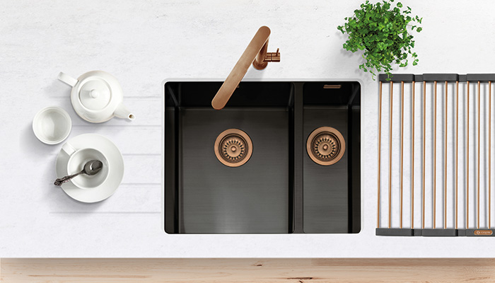 This industrial-style Mode3415 in Black steel, 1.5 sink configuration from Caple. matched with copper tap and sink accessories, will definitely make an impact in any style of kitchen