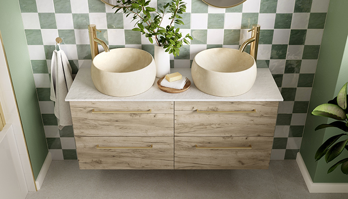 New from PJH’s Bathrooms to Love brand, the Volta Oak modular furniture range features a contemporary oak-effect finish, which adds a warm, textured look to the bathroom. It is pictured on a double wall-hung basin unit  