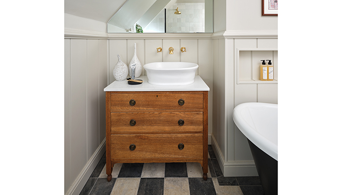 This reclaimed vanity unit made from lacquered oak was incorporated into a client’s new bathroom by Ripples Winchester, who were keen to add unique pieces in keeping with an older-style home