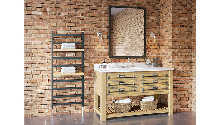 Bringing wooden accents to the bathroom, the Fender towel rail from The Radiator Centre is made from mild steel and comes with beech, oak or teak shelves. It is available in a choice of sizes with heat outputs ranging from 173 – 707W