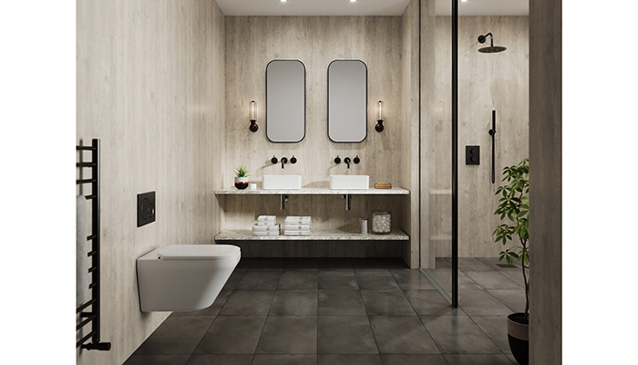 Inspired by natural materials such as wood, these Chalkwood bathroom panels are from Bushboard’s waterproof Nuance range, which offers panels in a range of decors and textures  