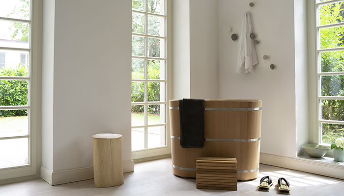 Handmade from smooth, untreated cedar wood, the Japanese-inspired Urufo bath from Indigenous is a short, steep-sided tub made for relaxation. It comes in 980mm or 1270mm x 660mm x 770mm versions 