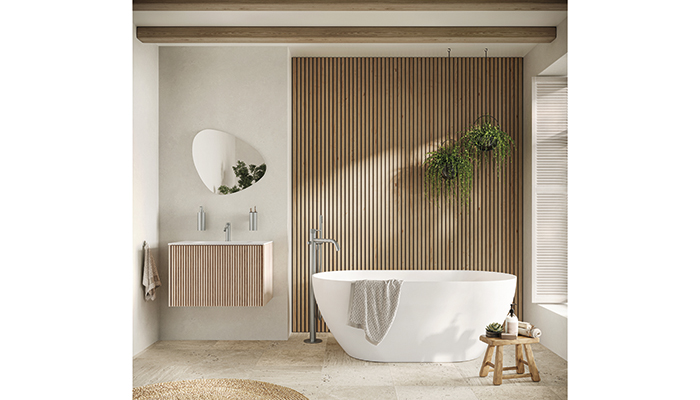 Textured fittings and furniture look set to remain popular into 2024 and beyond and Crosswater’s Limit bathroom furniture range, which comes in Modern Oak, pictured, and Steelwood finishes is perfect for consumers looking to create a Japandi-style bathroom 