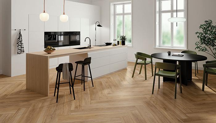 Peronda's Verbier floor tile collection features an oak wood pattern and, with its silky feel and non-slip properties, is perfect for a variety of settings, including wet areas. It can be matched with co-ordinating wall tiles if desired