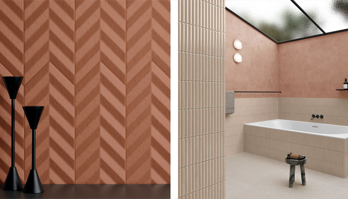 Left: The latest collection by Estudi{H}ac for Harmony is inspired by pleats and the accordion-like movement of pleated fabric – it comes in White, Green and Clay, shown here. Right: The Deco Pottery collection of decorative porcelain tiles from Gayafores is inspired by artisanal pottery reinterpreted as a construction element