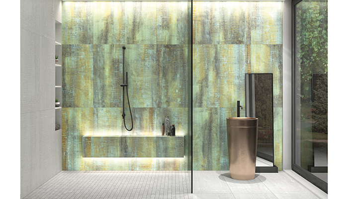 Apavisa's Reggia collection is inspired by the concept of embracing ageing and imperfections, and offers up an industrial feel. The Green version creates an elegant backdrop to a showering area