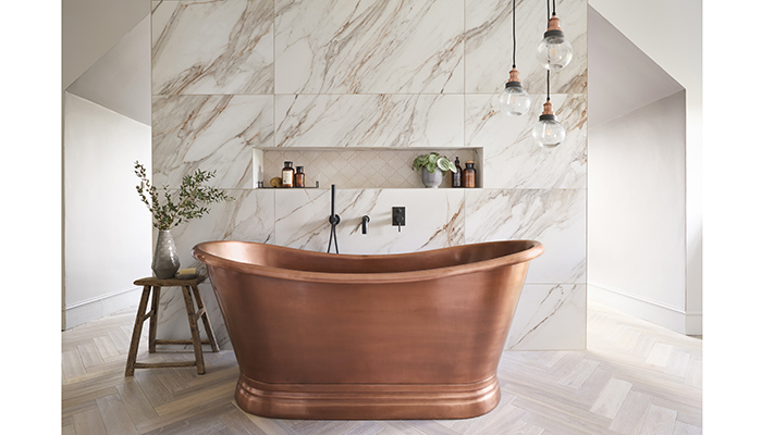 BC Designs’ handcrafted Antique copper boat bath, available in both 1500mm and 1700mm lengths offers a high end look without shouting about it. Its antique finish is achieved by applying sulphuric acid and chalk powder before sealing with lacquer