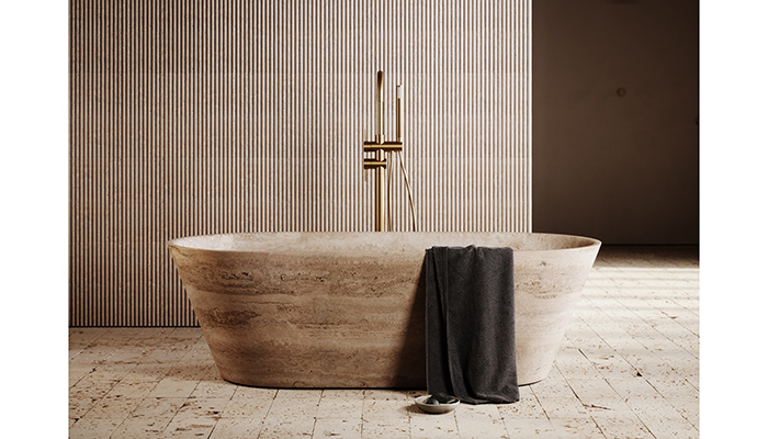Travertine stone is a superior material favoured for its natural texture. Lusso’s striking handcrafted bath is sealed to ensure strength and is filled with a clear resin to showcase its natural impurities