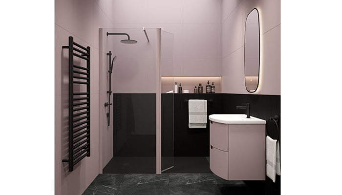 Unveiled at KBB Birmingham, the ASPECT Scandinavian coloured wetroom panels, seen here in Cashmere Pink, are designed to perfectly complement the Scandinavian-inspired furniture