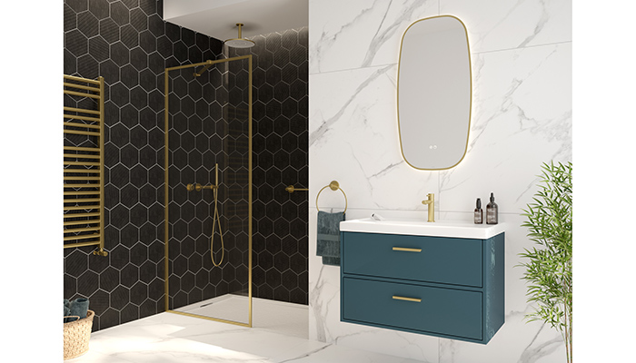 Featuring a sleek and minimal frame, the Mirage wetroom panels come in matt black and brushed gold, pictured, and with clear, smoked or fluted glass