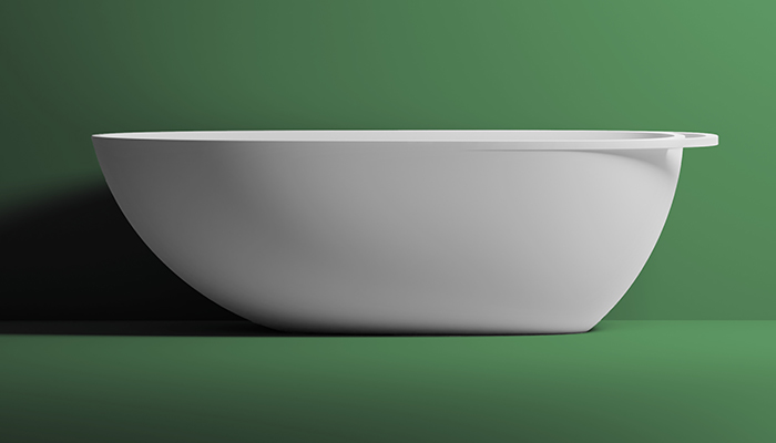Previewed at KBB Birmingham and set to launch mid-2024, the freestanding GAIA bath has a stone-effect finish