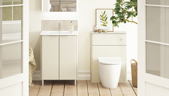 The Evolve vanity collection, shown here in Angora Grey Matt, offers sleek curves and versatile storage options