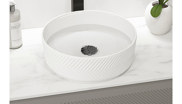 There is a diverse selection of contemporary ceramic and gel-cast vessel basins – pictured is the Ripple Ceramic Vessel Basin
