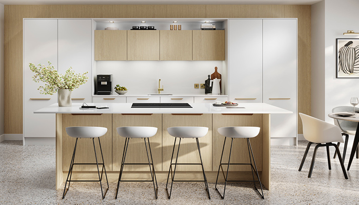 Symphony’s Costina Kitchen in Fresca has a vertical ribbed design and is made from 100% recycled board, offering retailers a great talking point when discussing sustainable options with clients