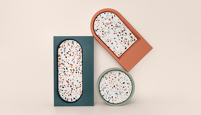 The Holm collection of designs blend terrazzo and concrete