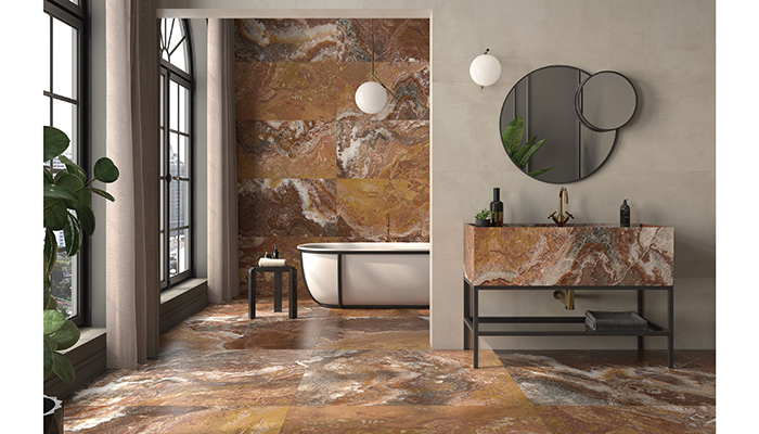 Magma Hot by Pamesa Cerámica is part of its Magma wall and floor tile collection – shown here in a 120 x 120cm format, they also come in 120 x 60cm and 30 x 30cm version, and 4 colours