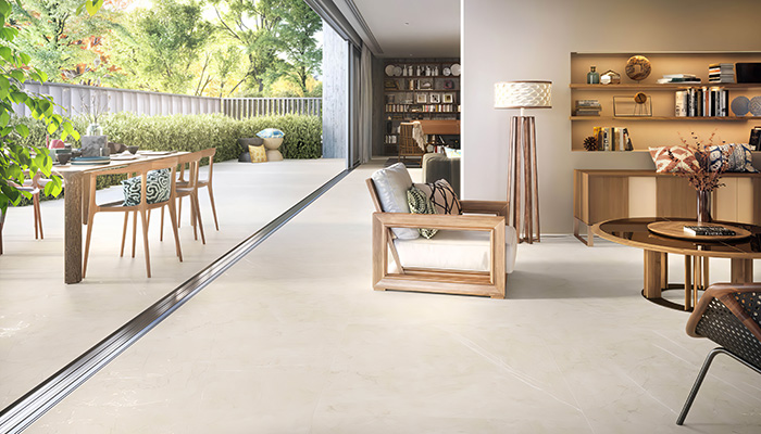 Create a seamless flow from outside in with our new Lyon 1836 Crema Matt rectified porcelain floor tiles. With a contemporary matt finish and NeoGrip finish, our tiles are anti-slip and resistant to frost, making these the perfect choice for an open-plan kitchen, living and outside space
