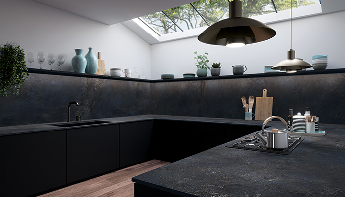 Caesarstone’s 302 Metallio Black surface is an ideal choice for designers to combine with concrete, exposed brick, and metals. The metallic highlights on a dark surface add layers of dimension to this industrial-style kitchen