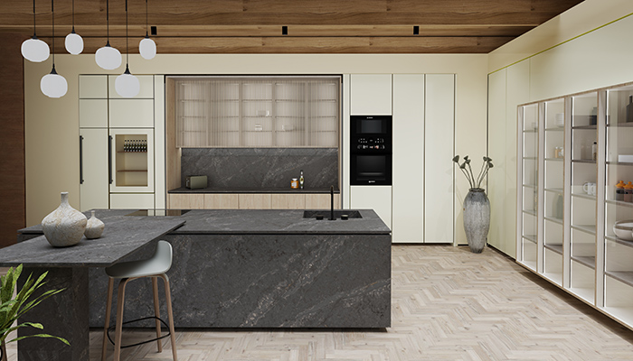 Cristallo Gris is a beautiful, marble-inspired surface from CRL Stone, characterised by a sultry grey base, combined with a stone-effect patterning and subtle copper-like effects that capture the light