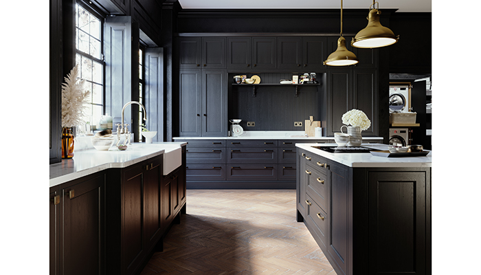 Rich and atmospheric, LochAnna’s Hutton kitchen is shown here in Soot – a true black that is perfect for clients looking to make a bold statement. Skirting plinths, tongue-and-groove panelling, and the use of mid-height wall units to add extra height all contribute to the impact